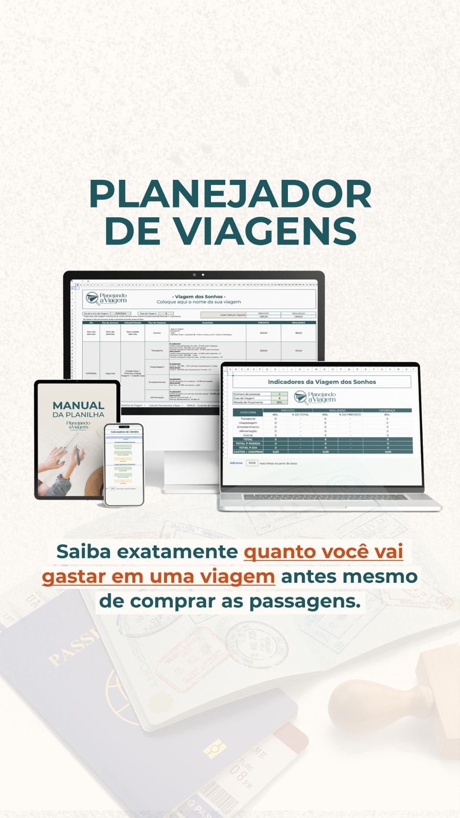 Imagem de um planejador de viagens com gráficos e tabelas exibidos em diferentes dispositivos, incluindo um computador, tablet e smartphone, ao lado de um passaporte e bilhetes de viagem, destacando a importância do planejamento financeiro antes da compra de passagens.
